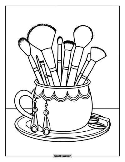 Coloriage de maquillage pour enfants : Pinceaux dans un pot élégant avec des boucles d'oreilles et une bague