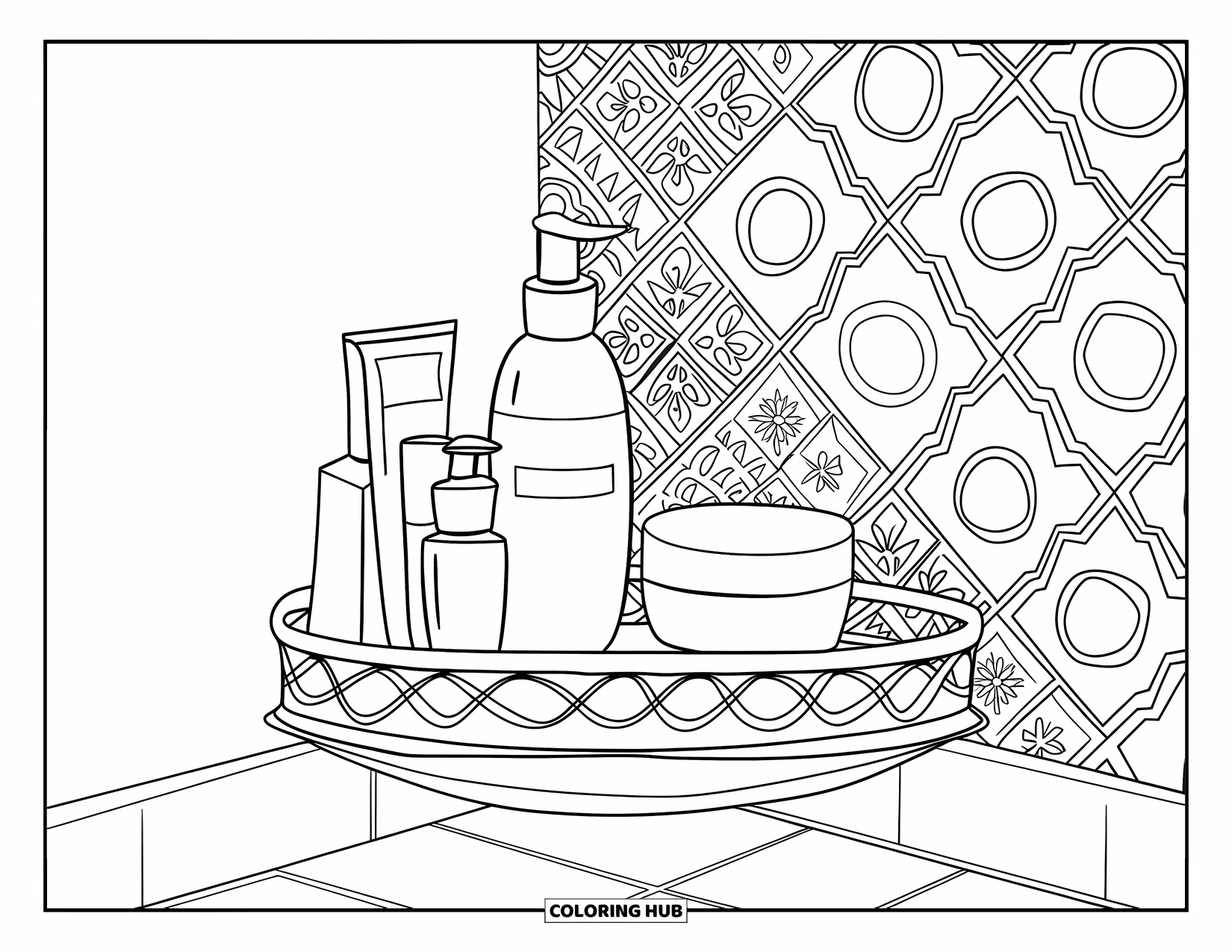 Makeup Coloring Page for Kids: Corner shelf filled with stylish skincare and makeup bottles
