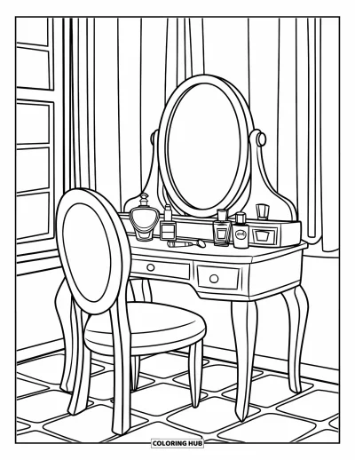 Coloriage de maquillage pour enfants : Coiffeuse accueillante avec miroir, pots et une chaise