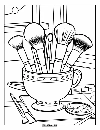 Coloriage de maquillage pour enfants : Pot de pinceaux de maquillage aux formes et tailles variées