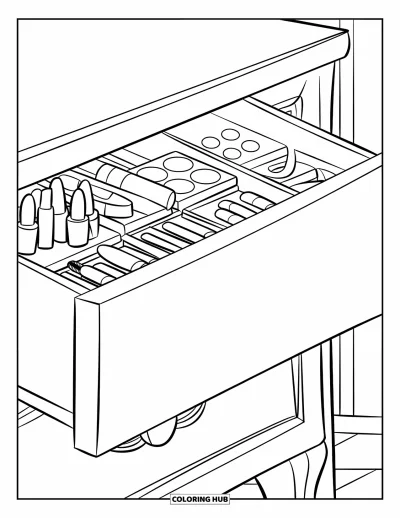Coloriage de maquillage pour enfants : Joli tiroir avec du maquillage, un nœud et un visage souriant
