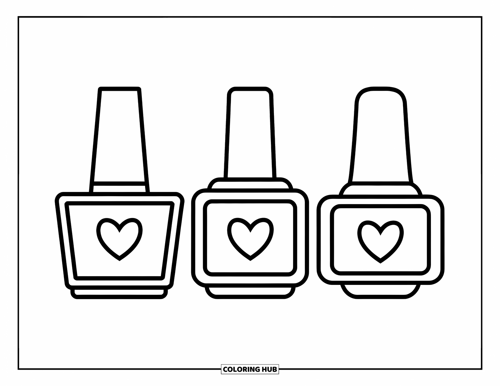 Makeup Coloring Page for Kids: Cute nail polish trio in fun bottle shapes
