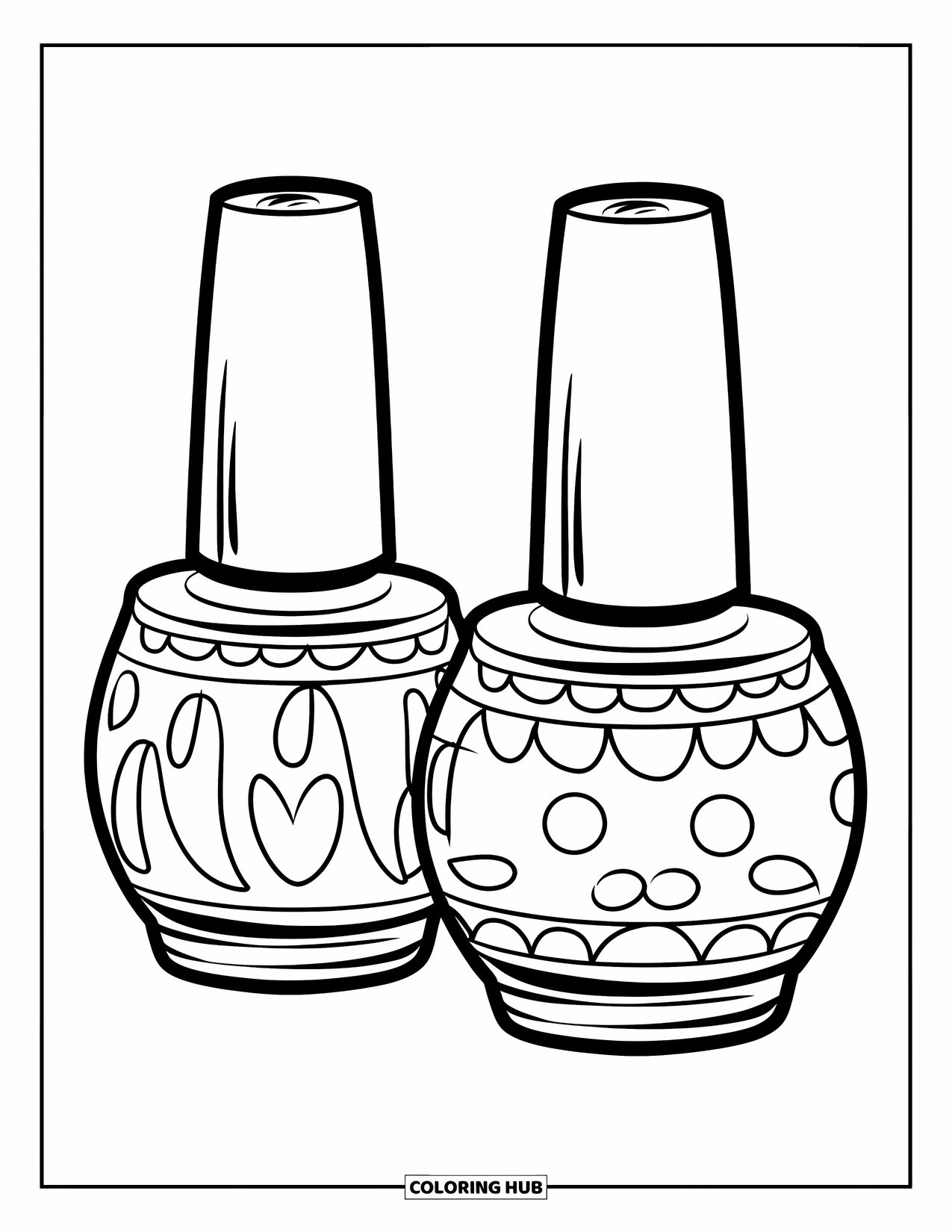 Makeup Coloring Page for Kids: Cute patterned nail polish bottles side by side