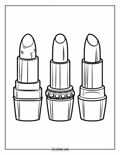 Coloriage de maquillage pour enfants : Rouges à lèvres de marque avec des capuchons originaux dans un style moderne