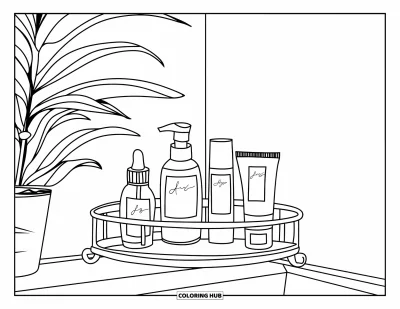 Coloriage de maquillage pour enfants : Étagère d'angle élégante avec des flacons de beauté et une plante en pot