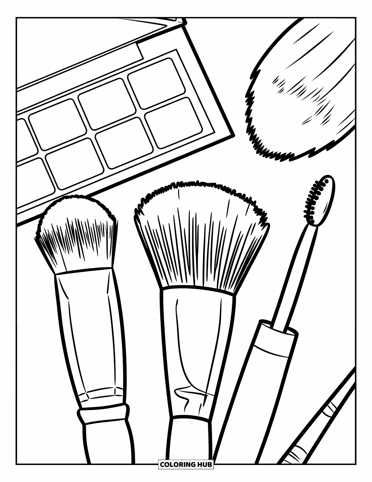Makeup Coloring Page for Kids: Flat, round, and angled makeup brushes with fun shapes