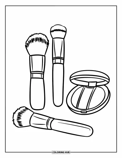 Coloriage de maquillage pour enfants : Pinceaux pour le fond de teint, le blush et le correcteur alignés côte à côte