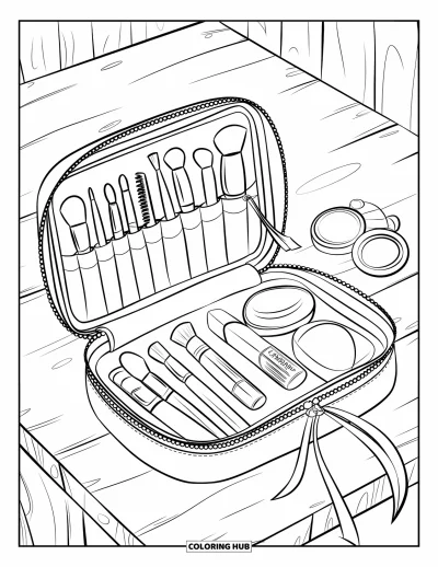 Coloriage de maquillage pour enfants : Trousse glamour avec des outils de beauté et un joli ruban