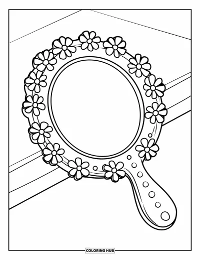 Coloriage de maquillage pour enfants : Miroir à main avec de petites fleurs décoratives sur le manche