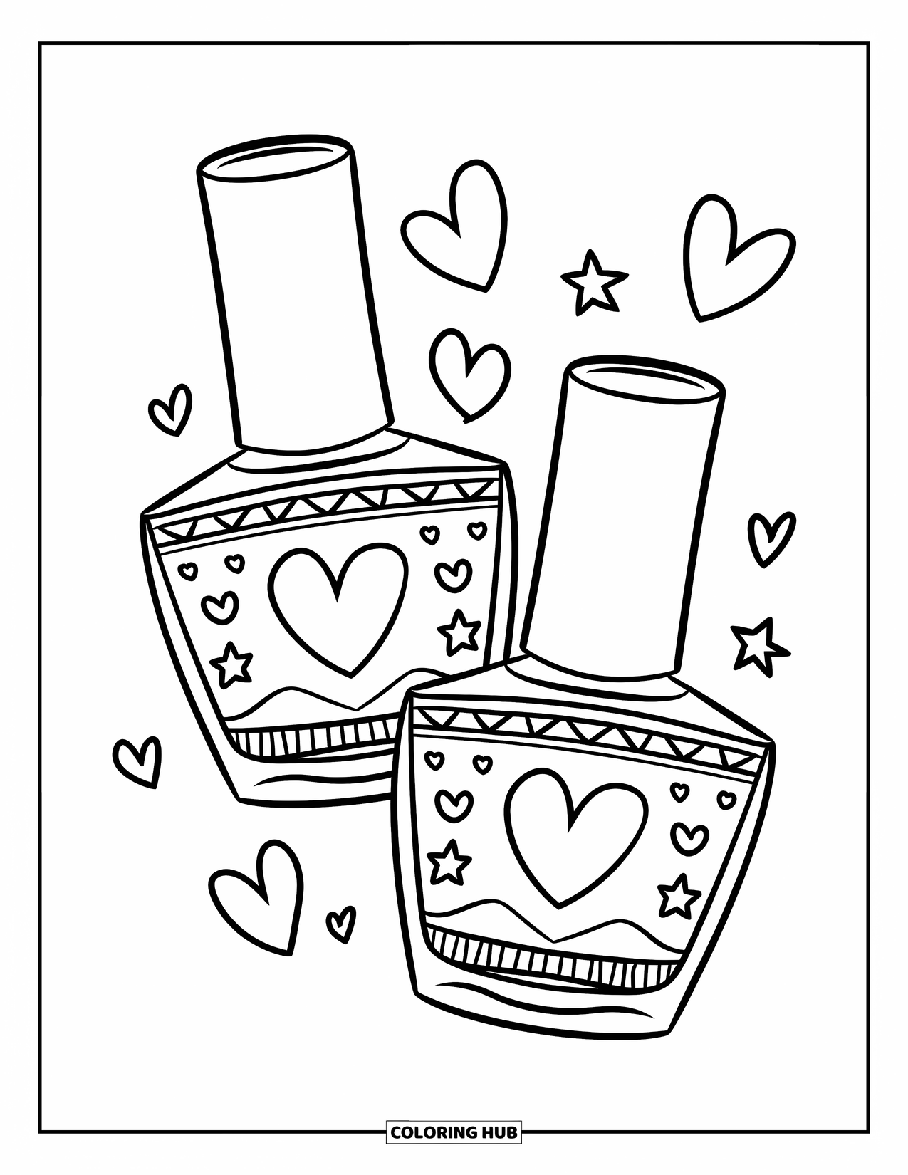 Makeup Coloring Page for Kids: Heart and star-decorated nail polish bottles with playful vibes