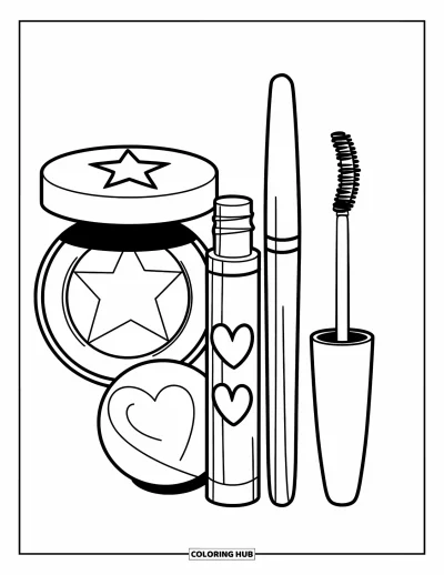 Coloriage de maquillage pour enfants : Enlumineur, gloss et mascara aux designs ludiques