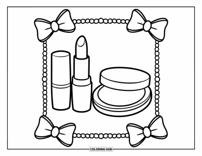Coloriage de maquillage pour enfants : Rouge à lèvres et poudrier encadrés de nœuds et de perles