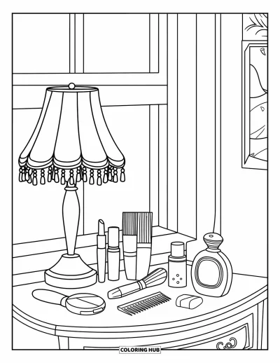 Coloriage de maquillage pour enfants : Table de nuit avec maquillage et soins, fenêtre et tableau au mur