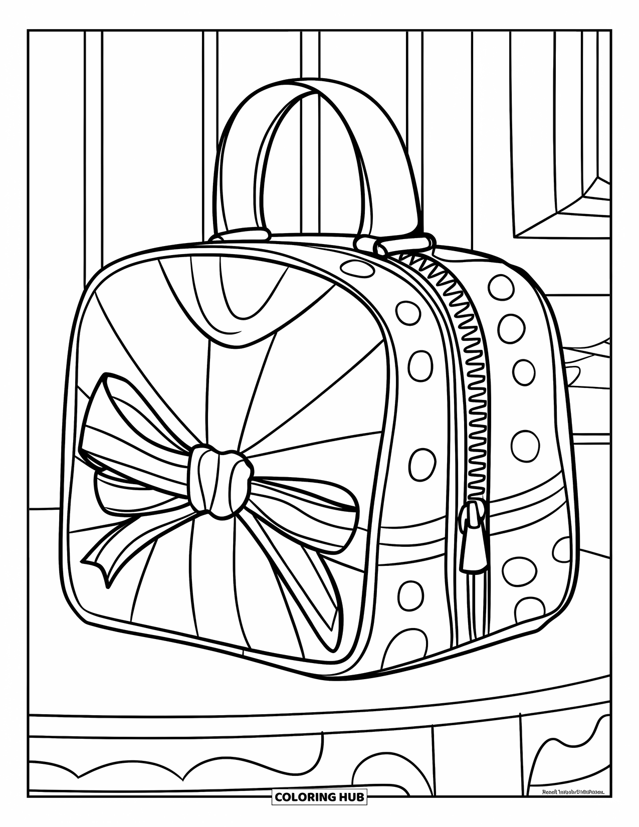 Makeup Coloring Page for Kids: Makeup bag on a table with cheerful little details
