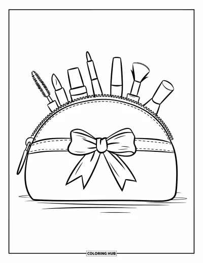 Coloriage de maquillage pour enfants : Trousse de maquillage avec ruban, fermeture éclair et outils de beauté à l'intérieur