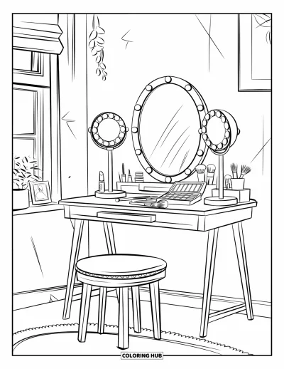 Coloriage de maquillage pour enfants : Bureau de maquillage près d'une fenêtre avec des pinceaux et une atmosphère chaleureuse