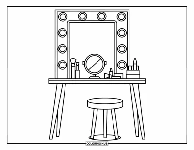 Coloriage de maquillage pour enfants : Bureau de maquillage avec lumières, miroir et quelques outils de beauté