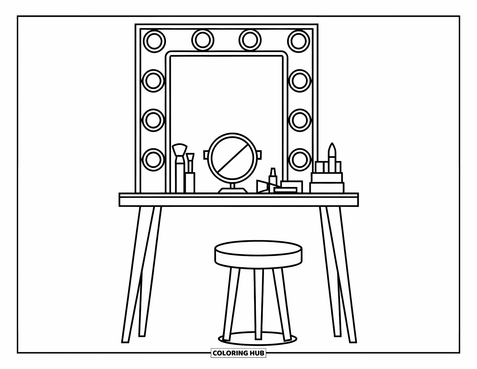 Makeup Coloring Page for Kids: Makeup desk with lights, mirror, and a few beauty tools
