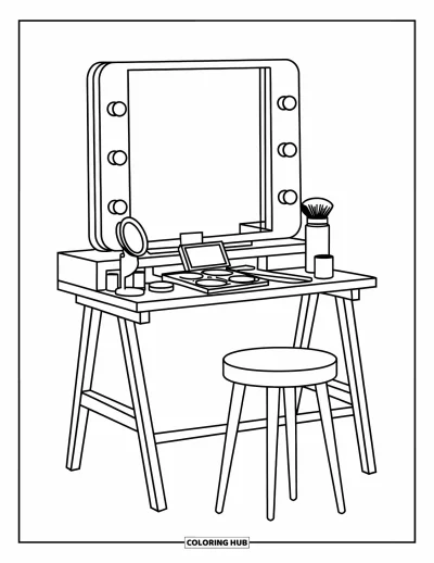 Coloriage de maquillage pour enfants : Bureau de maquillage avec miroir, lumières, palette et pinceaux