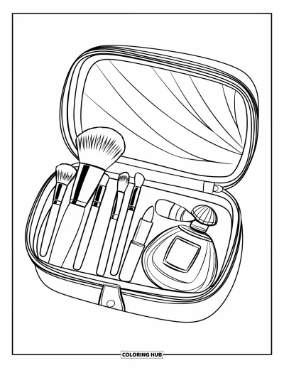 Coloriage de maquillage pour enfants : Trousse ouverte avec des pinceaux, un rouge à lèvres et un parfum à l'intérieur
