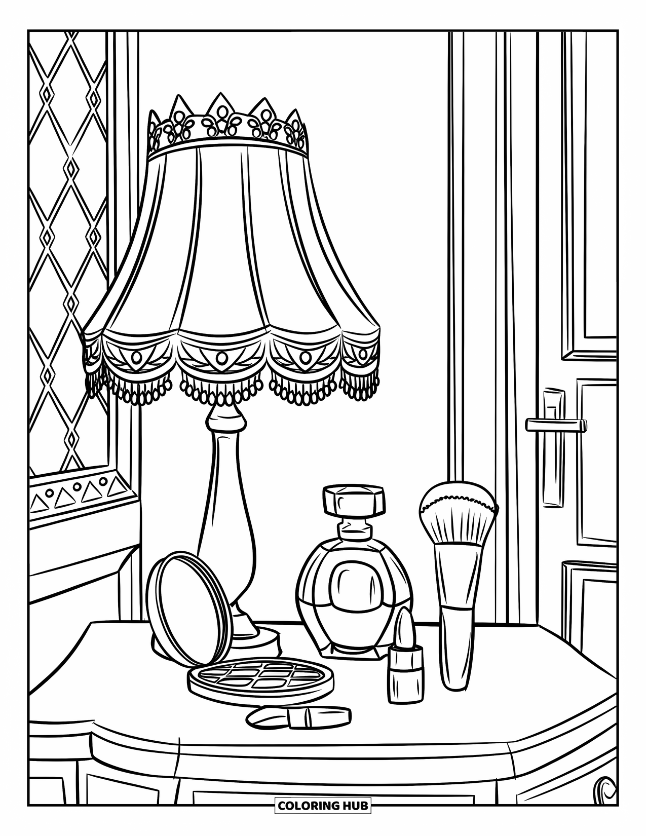 Makeup Coloring Page for Kids: Nightstand with a crown-shaped lamp and beauty products