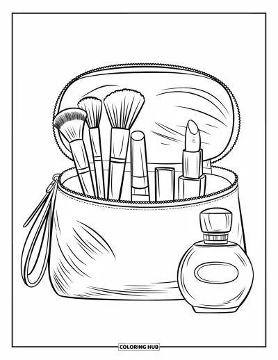 Coloriage de maquillage pour enfants : Trousse de beauté ouverte avec des outils de maquillage modernes à l'intérieur