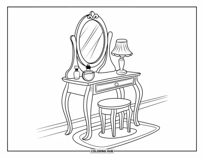 Coloriage de maquillage pour enfants : Coiffeuse ornée avec miroir, lampe et flacons de parfum