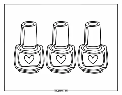 Coloriage de maquillage pour enfants : Rangée de flacons de vernis à ongles avec de petits détails en forme de cœur