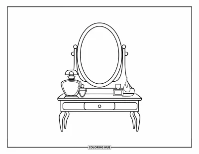 Coloriage de maquillage pour enfants : Coiffeuse simple avec miroir et quelques parfums