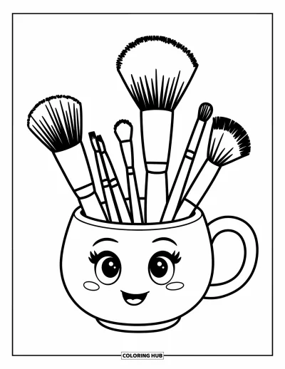 Coloriage de maquillage pour enfants : Pot souriant tenant de jolis pinceaux de maquillage variés