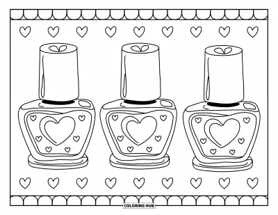 Coloriage de maquillage pour enfants : Trois gros flacons de vernis à ongles avec de petites étiquettes en forme de cœur
