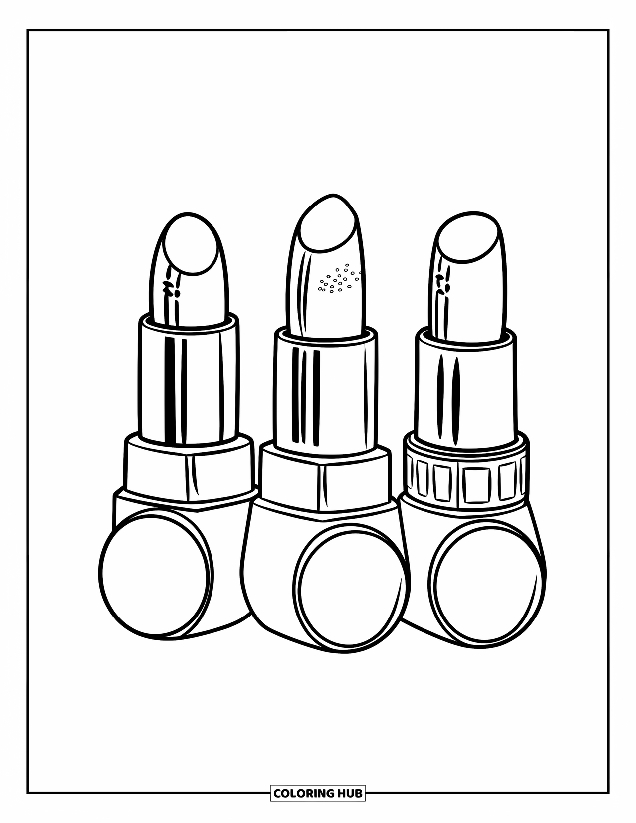 Makeup Coloring Page for Kids: Three stylish lipsticks with bold, modern designs