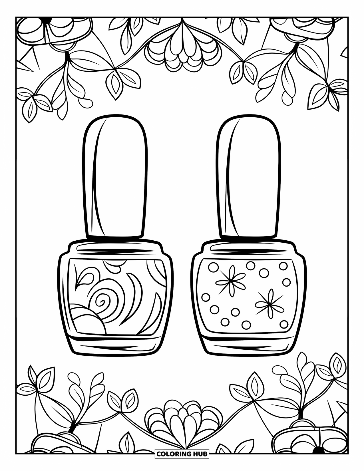 Makeup Coloring Page for Kids: Two nail polish bottles with fun little patterns