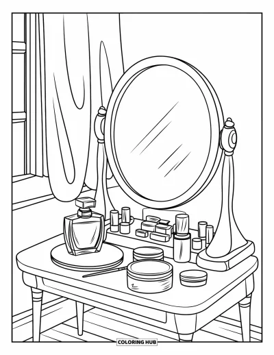 Coloriage de maquillage pour enfants : Coiffeuse avec lampe, miroir et parquet en bois