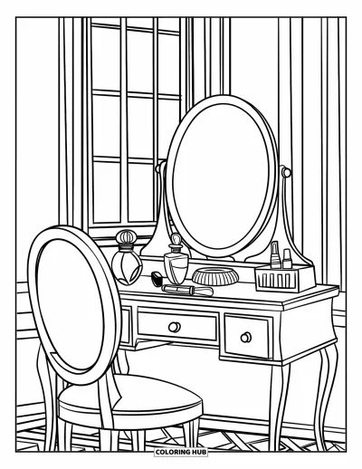 Coloriage de maquillage pour enfants : Coiffeuse avec miroir rond, parfum et pots près d'une fenêtre