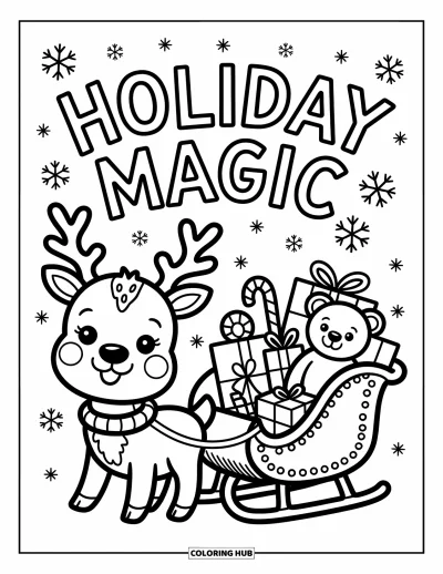 Boldog karácsonyt kifestő felnőtteknek: Egy vidám rénszarvas húz egy ajándékokkal teli szánt a "Holiday Magic" felirat alatt