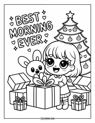 Boldog karácsonyt kifestő felnőtteknek: Egy chibi kislány játékot bontogat a fa alatt, felette a "Best Morning Ever" felirat