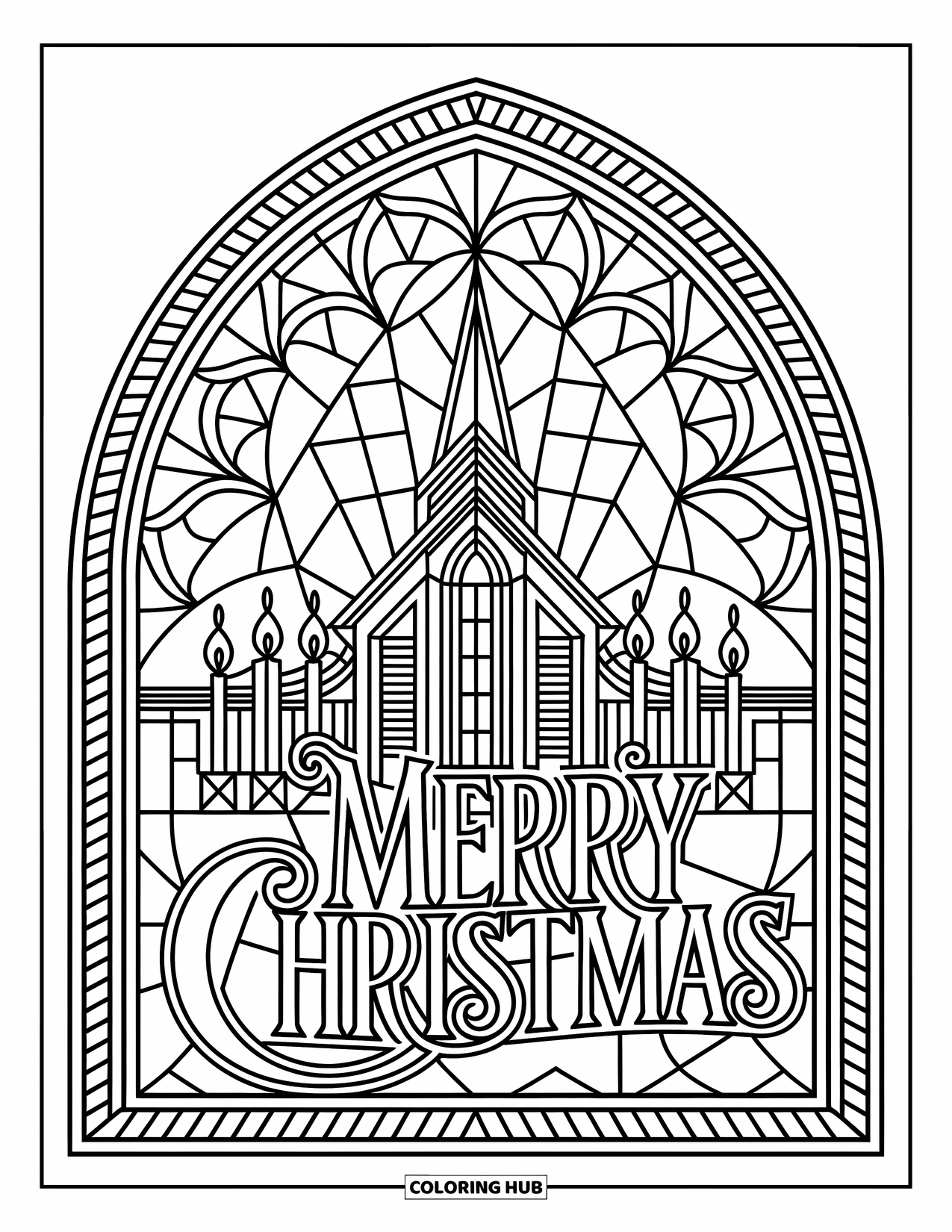 Merry Christmas Coloring Page for Adults: A church and glowing candles fill a stained-glass scene with "Merry Christmas"