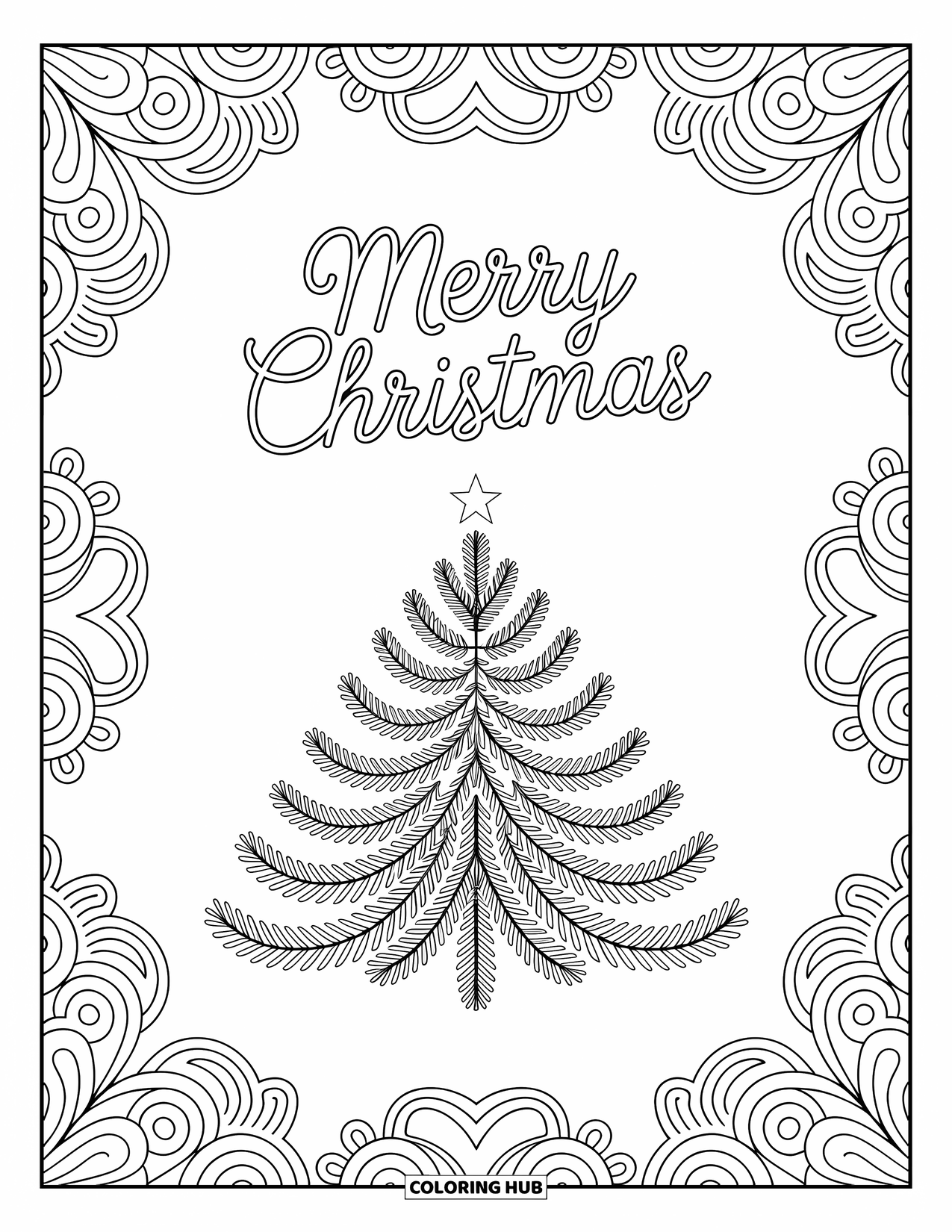 Merry Christmas Coloring Page for Adults: A decorated tree rests in the center of delicate mandala patterns