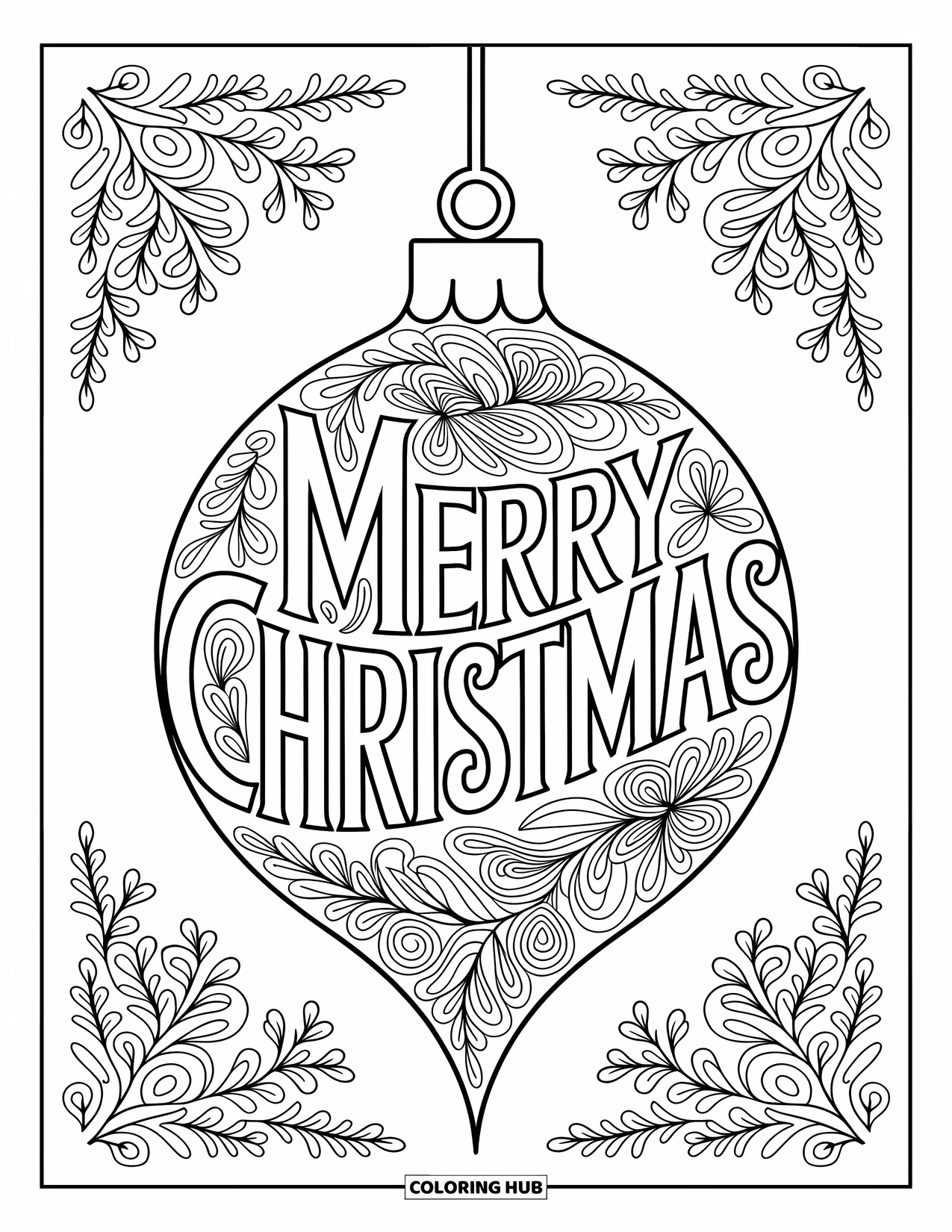 Merry Christmas Coloring Page for Adults: A festive ornament design shines under swirling "Merry Christmas" text