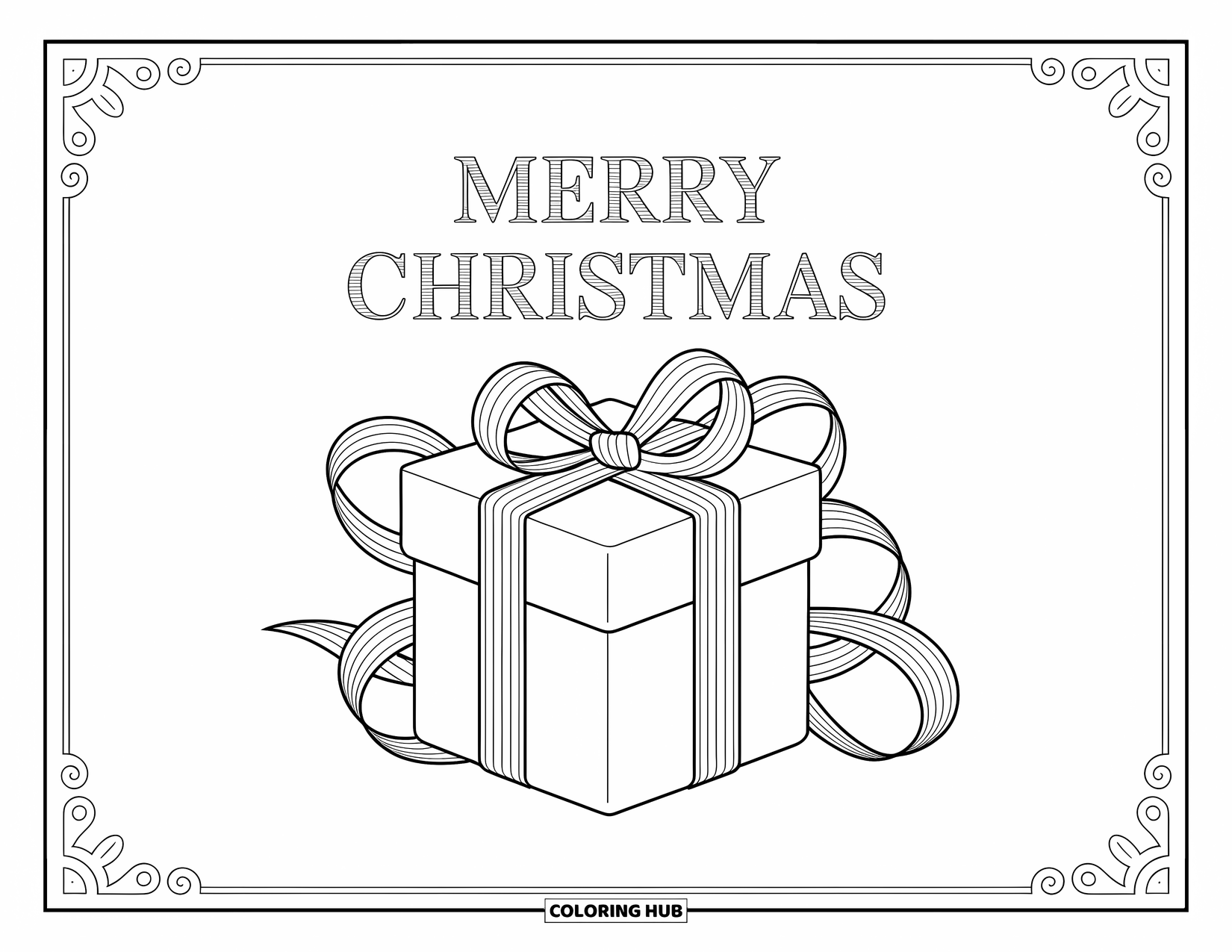 Merry Christmas Coloring Page for Adults: A graceful gift design shines under the elegant phrase "Merry Christmas"