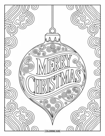 Boldog karácsonyt kifestő felnőtteknek: Virágos díszítésű függő gömb csillog az íves "Merry Christmas" felirat alatt