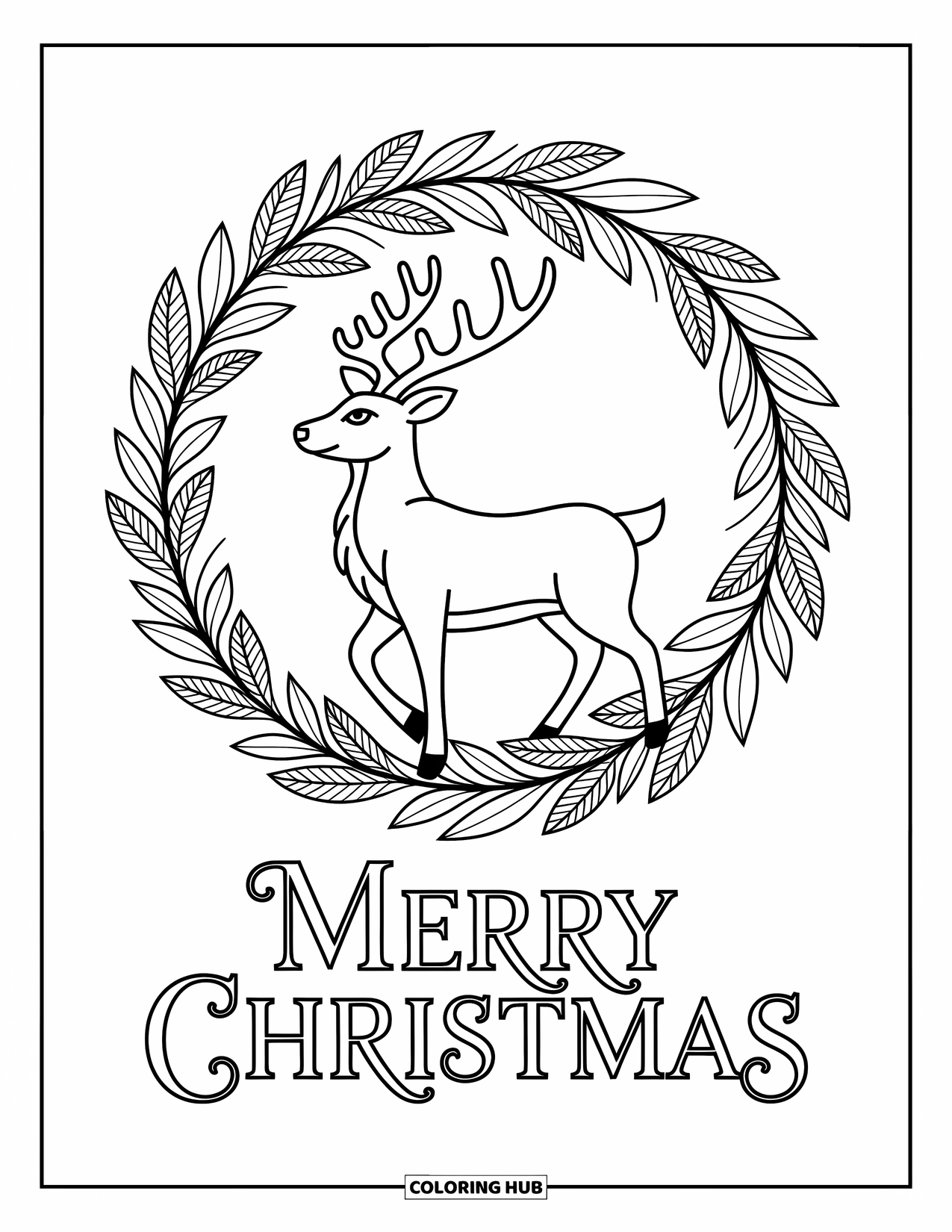 Merry Christmas Coloring Page for Adults: A reindeer inside a wreath shines above elegant "Merry Christmas" text