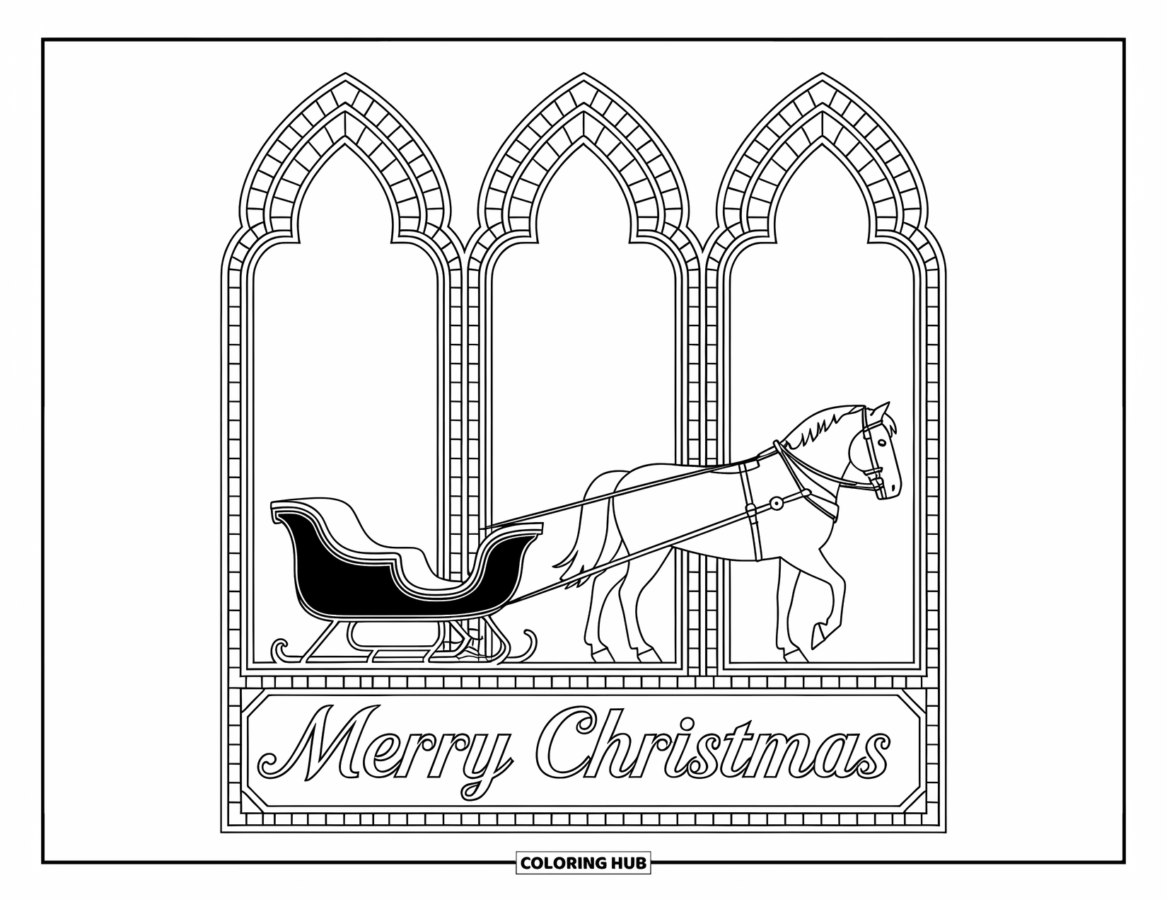 Merry Christmas Coloring Page for Adults: A sleigh and horse pause near a village, surrounded by intricate stained glass