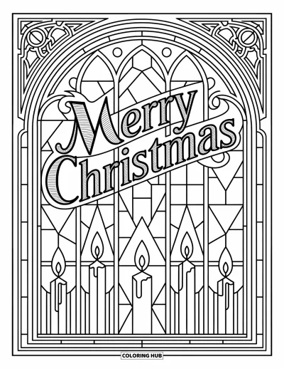 Boldog karácsonyt kifestő felnőtteknek: Ólomüveg templomablak gyertyákkal és a "Merry Christmas" felirattal ragyog