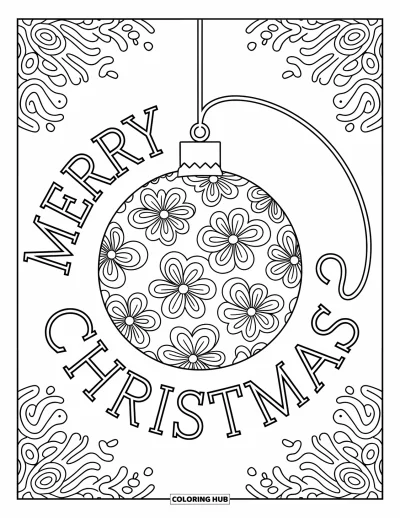 Boldog karácsonyt kifestő felnőtteknek: Díszes gömb ragyog középen, felette ívesen a "Merry Christmas" felirat