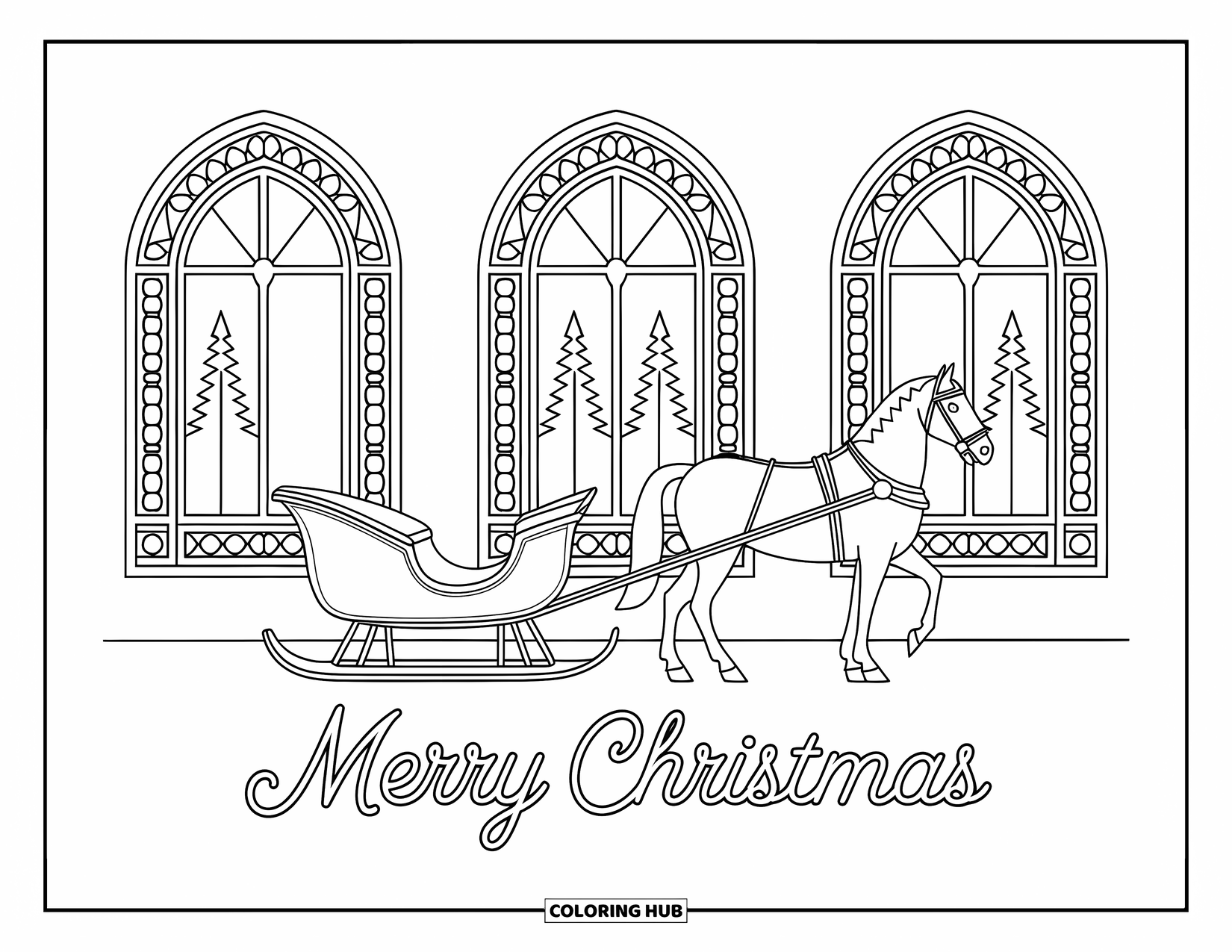 Merry Christmas Coloring Page for Adults: An old-fashioned sleigh and town square sit under a festive "Merry Christmas"