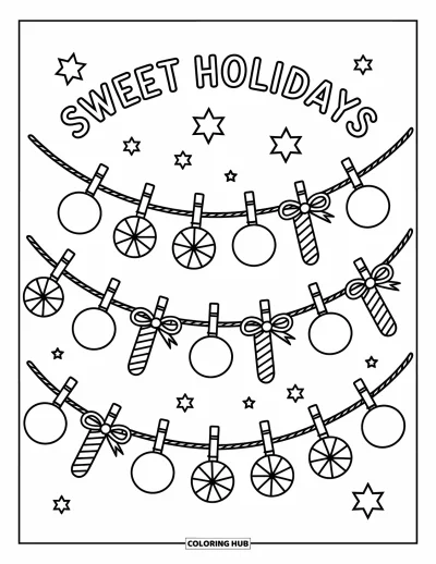 Boldog karácsonyt kifestő felnőtteknek: Cukorpálcák lógnak füzérként a "Sweet Holidays" felirat alatt