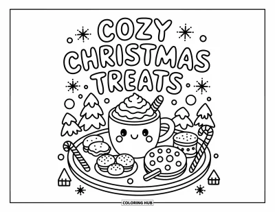 Boldog karácsonyt kifestő felnőtteknek: Kakaó és ünnepi nassolnivalók töltik meg a tálcát a "Cozy Christmas Treats" felirat alatt