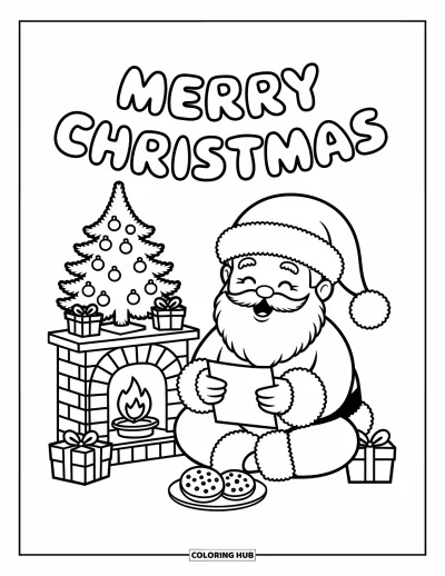 Boldog karácsonyt kifestő felnőtteknek: A Mikulás kényelmesen levelet olvas a kandalló mellett a "Merry Christmas" felirat alatt